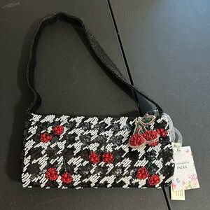 Made in India Black White Cherry Beaded Shoulder Bag with Cherry beaded charm